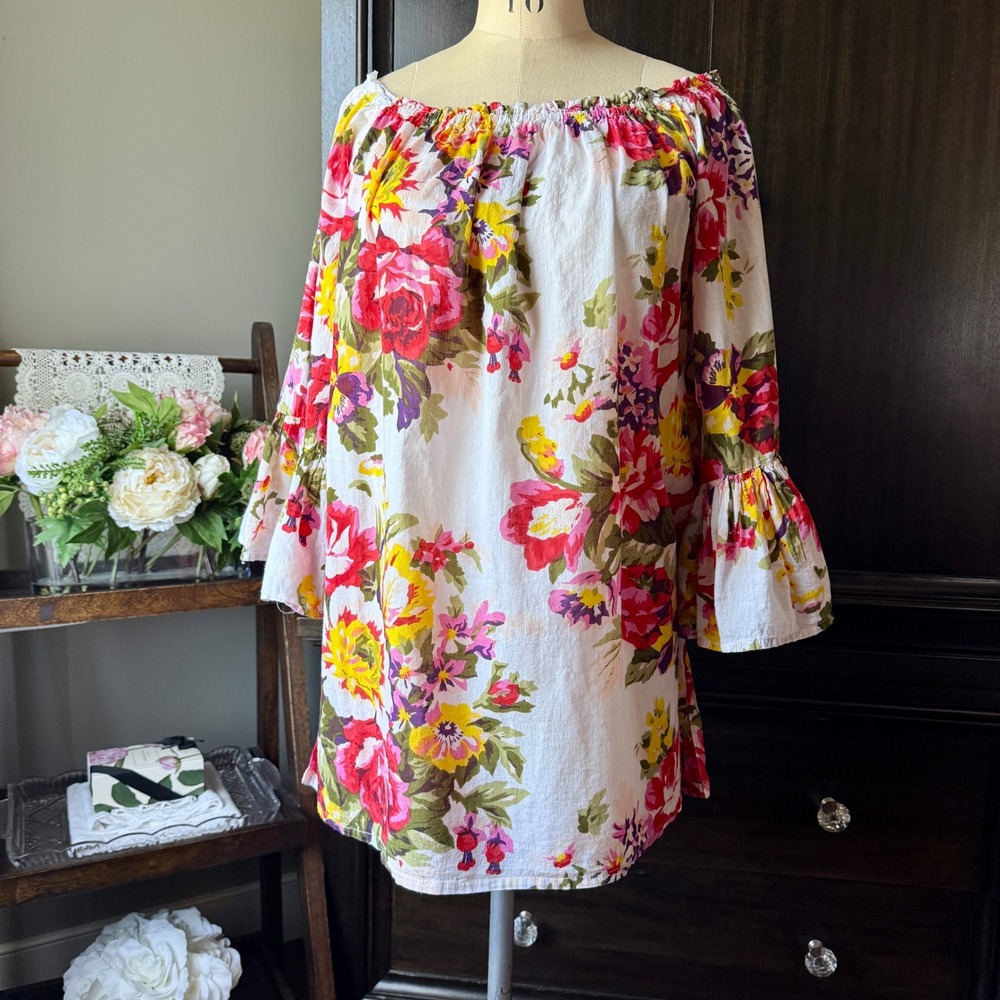 Peony‎ Peasant Tunic Dress Floral Bell Sleeve Off Shoulder Cotton Med Resortwear